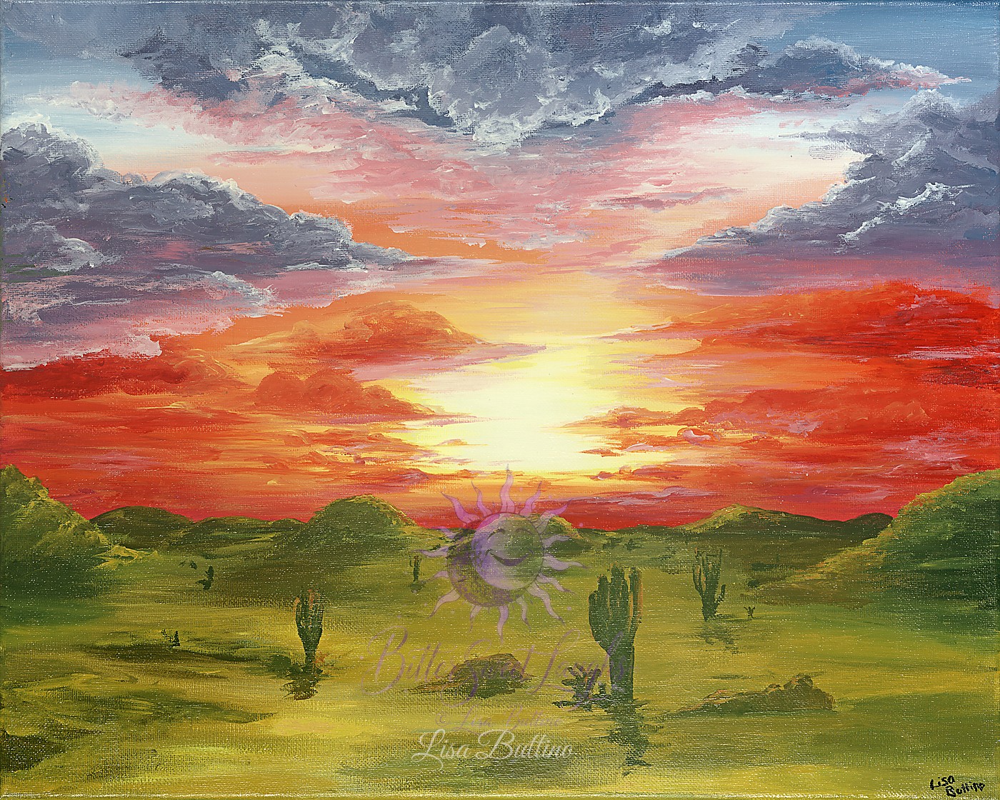 Painted desert landscape beneath a glowing sunrise