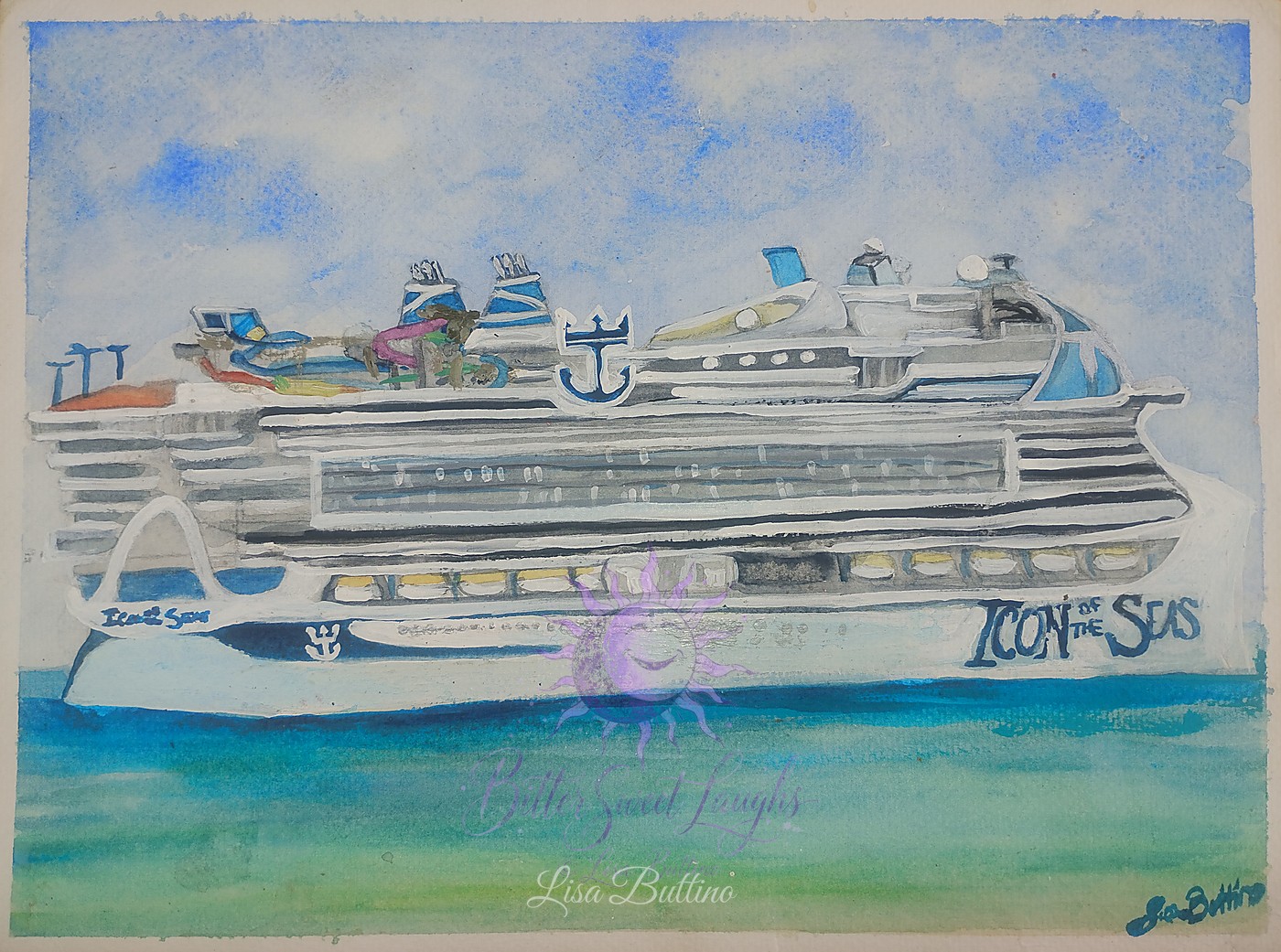 Mixed-media artwork depicting the Icon of the Seas cruise ship