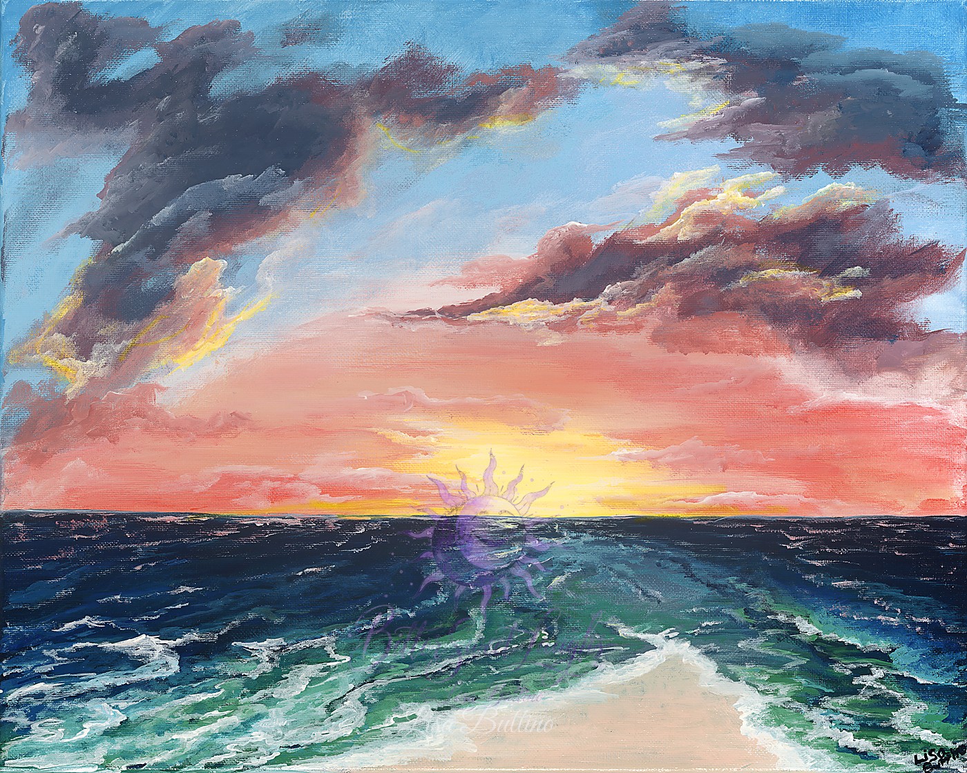 Dreamlike seascape painting with a distant horizon