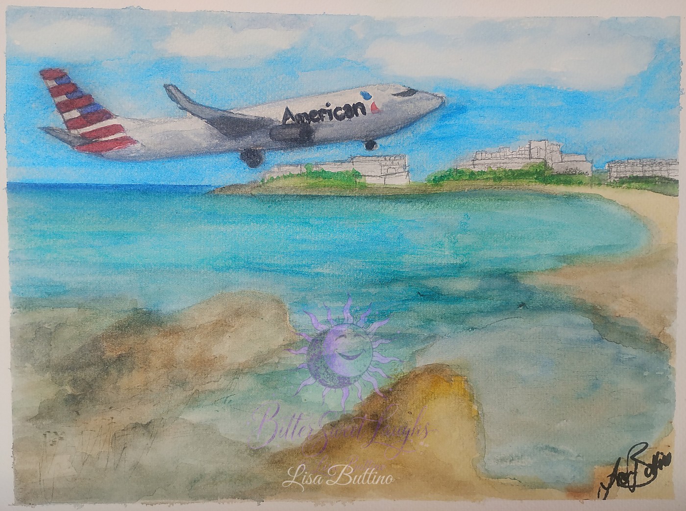 Watercolor painting of an airplane approaching Maho Beach