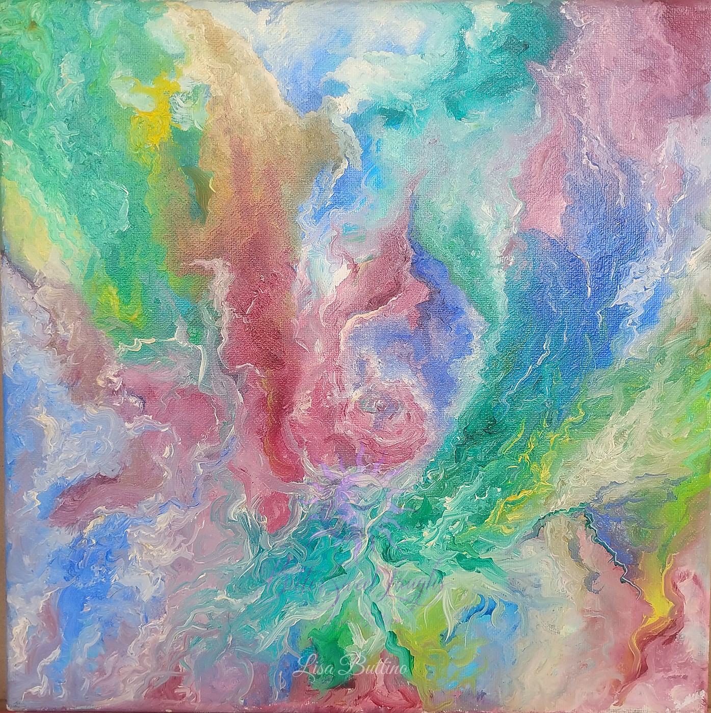 Abstract oil painting with expressive color and movement