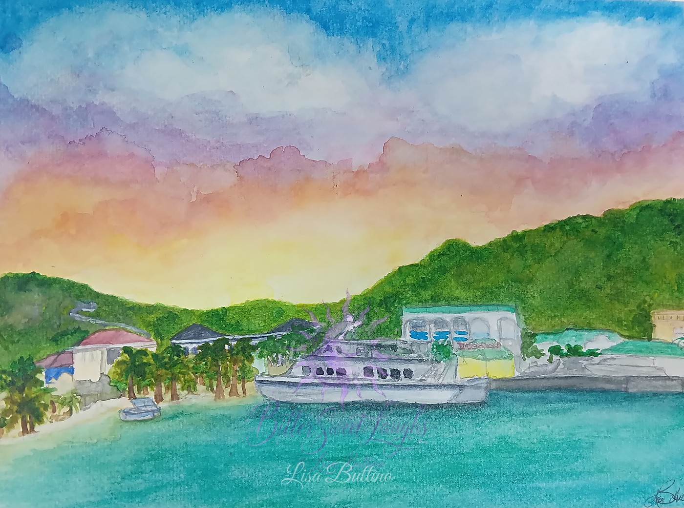 Watercolor painting of Philipsburg, Sint Maarten