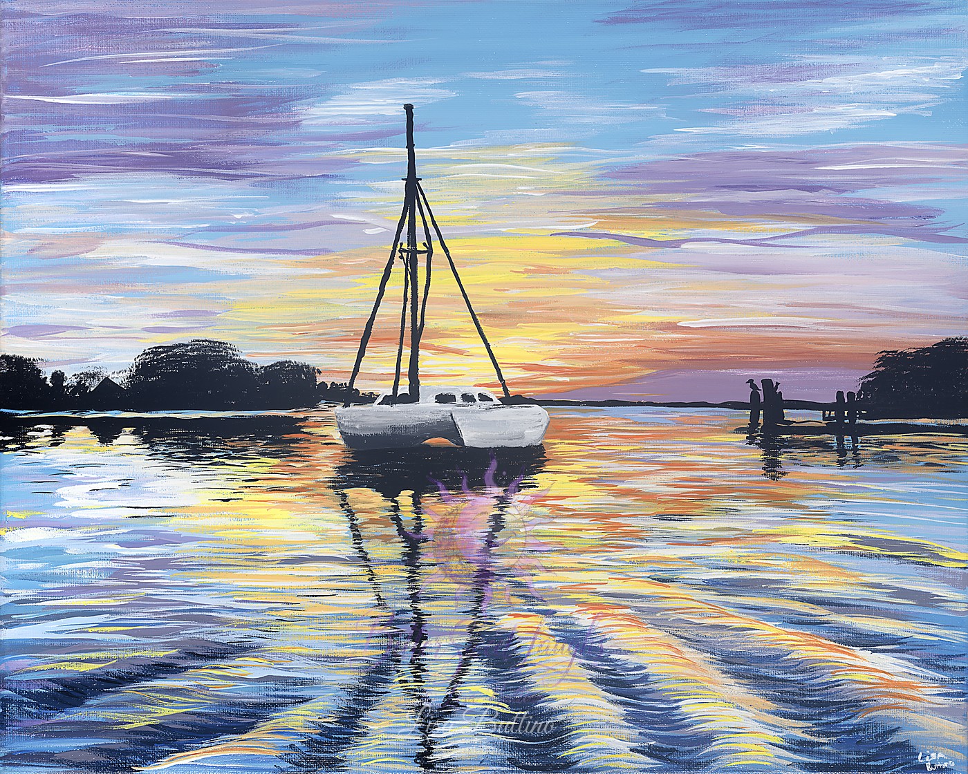 Painting inspired by a sailboat at sunrise