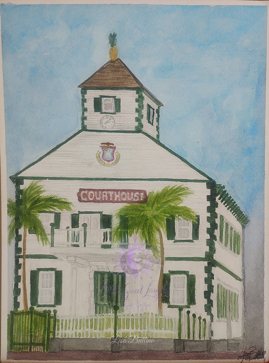 Watercolor painting of the courthouse in Sint Maarten