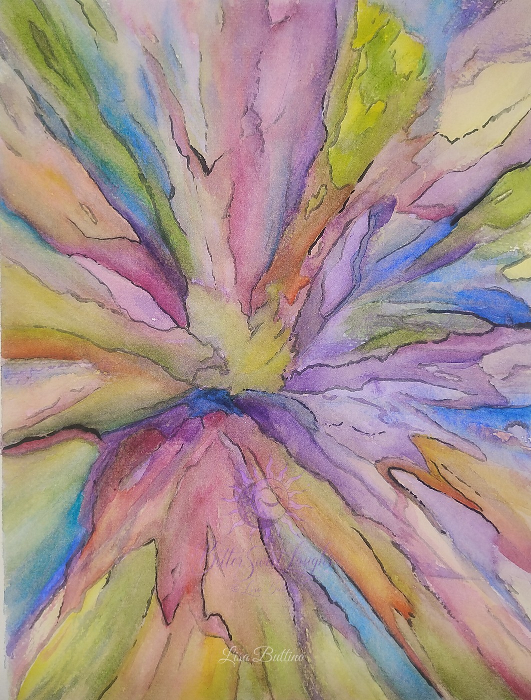 Psychedelic watercolor painting with flowing abstract colors