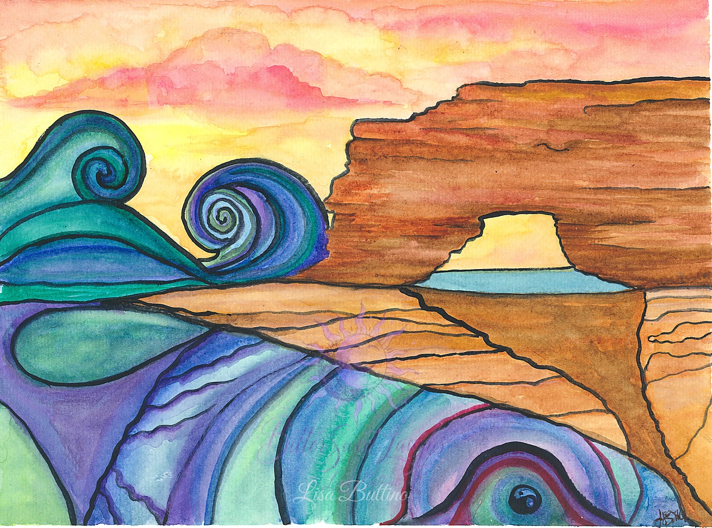 Surreal watercolor painting of curling waves